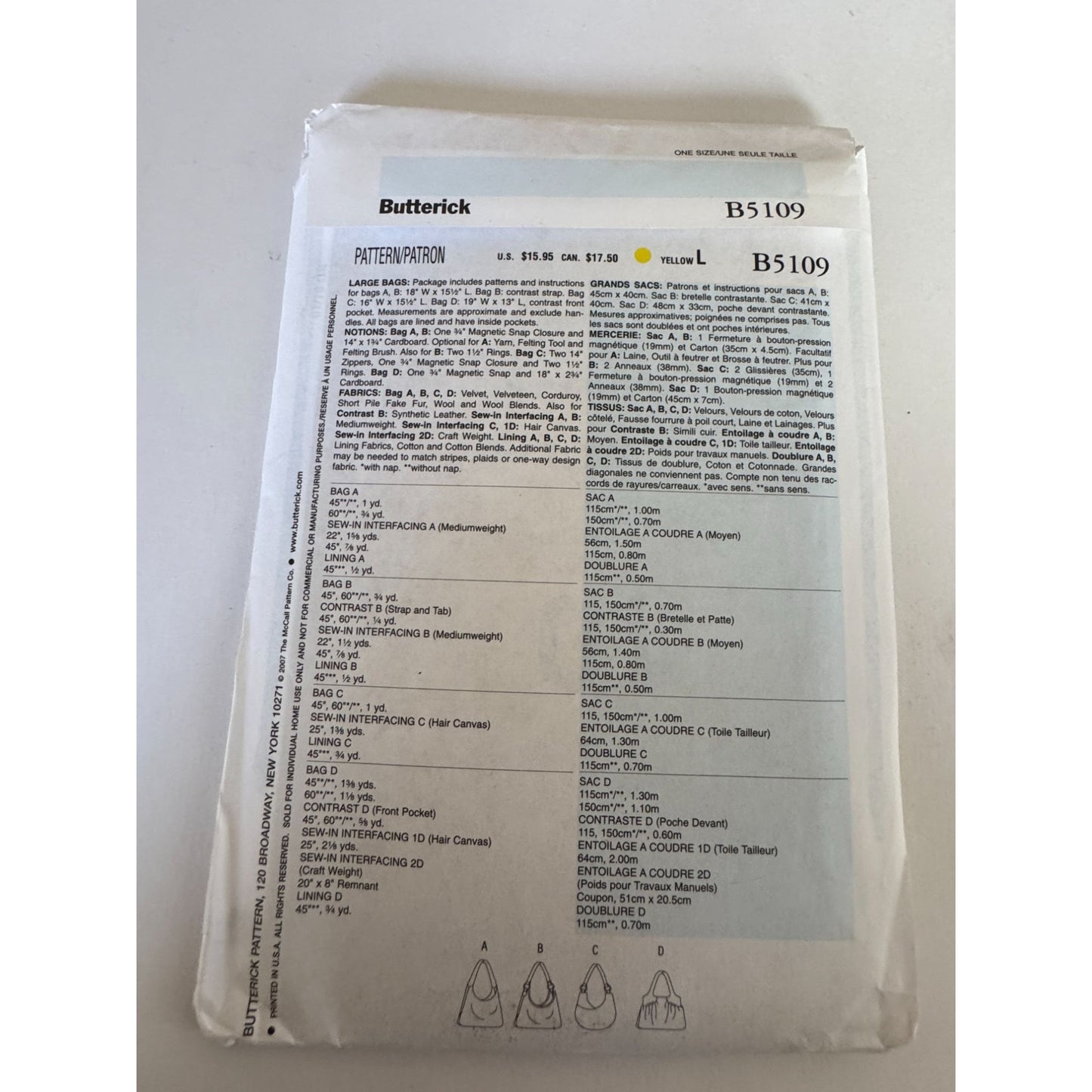 Butterick Sewing Pattern B5109 Large Bags Pockets Hobo Bag Purse Tote Uncut Adjustable Straps