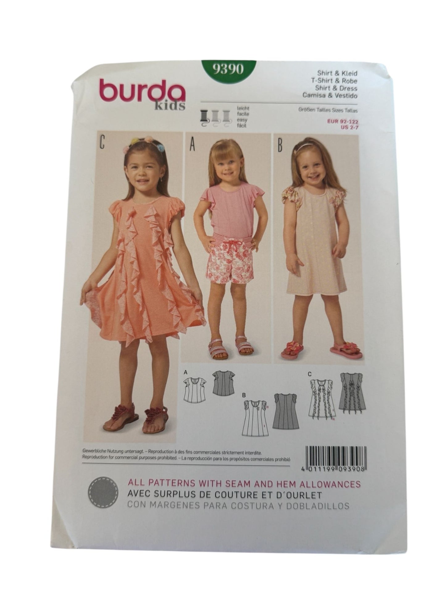 Burda Kids Sewing Pattern 9390 Shirt Top Dress For Girls 2-7 Easy Jersey Play UC