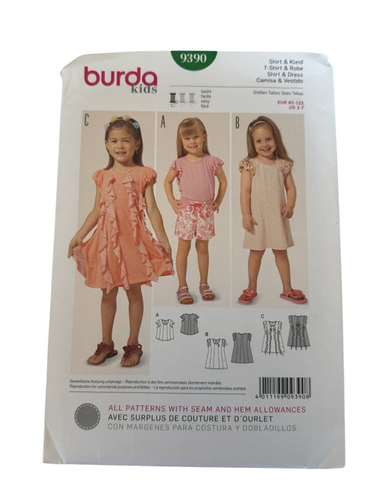 Burda Kids Sewing Pattern 9390 Shirt Top Dress For Girls 2-7 Easy Jersey Play UC