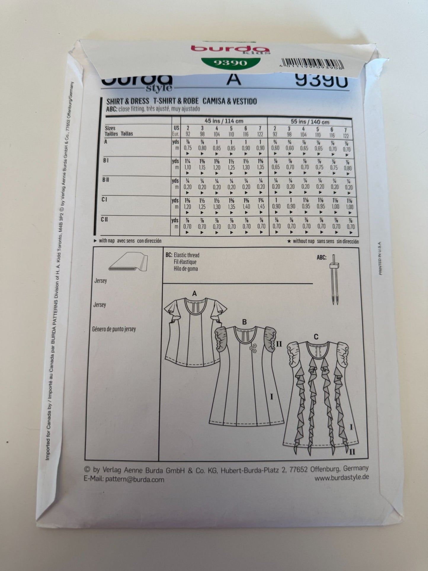 Burda Kids Sewing Pattern 9390 Shirt Top Dress For Girls 2-7 Easy Jersey Play UC