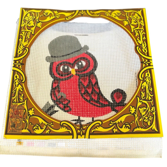 Stylish Red Owl in Hat Needlepoint Kit Needlework Embroidery Stramin Canvas