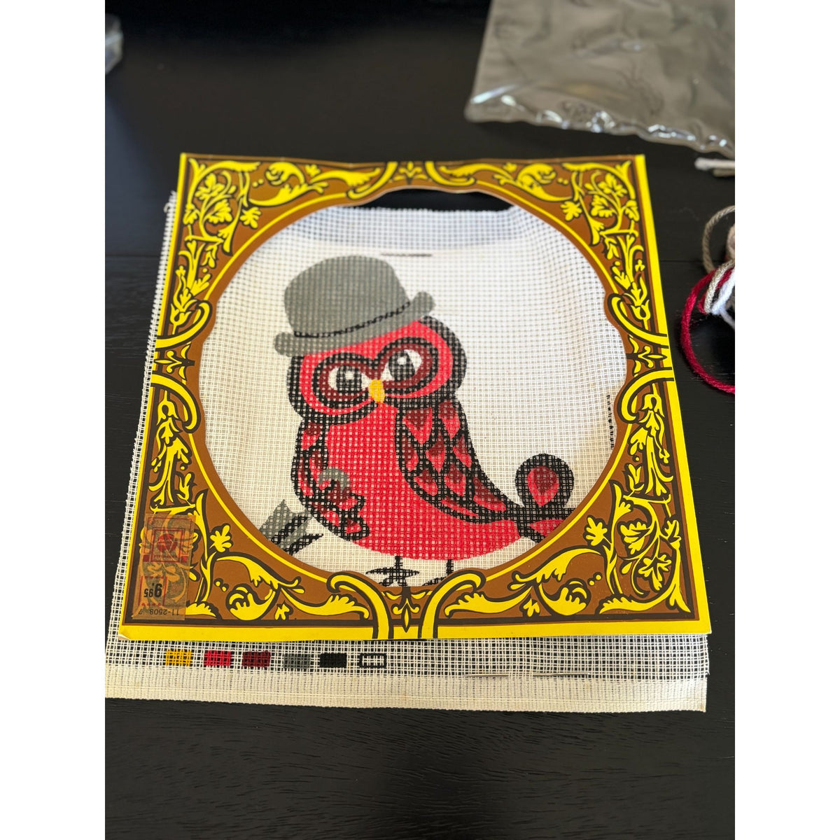 Stylish Red Owl in Hat Needlepoint Kit Needlework Embroidery Stramin Canvas
