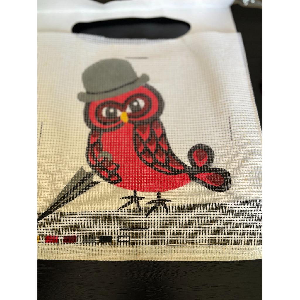 Stylish Red Owl in Hat Needlepoint Kit Needlework Embroidery Stramin Canvas