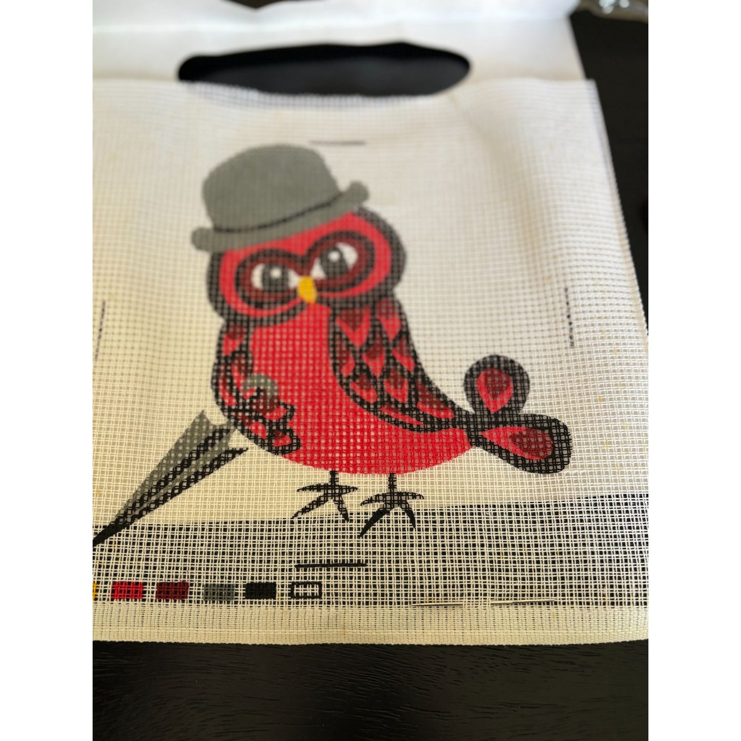 Stylish Red Owl in Hat Needlepoint Kit Needlework Embroidery Stramin Canvas