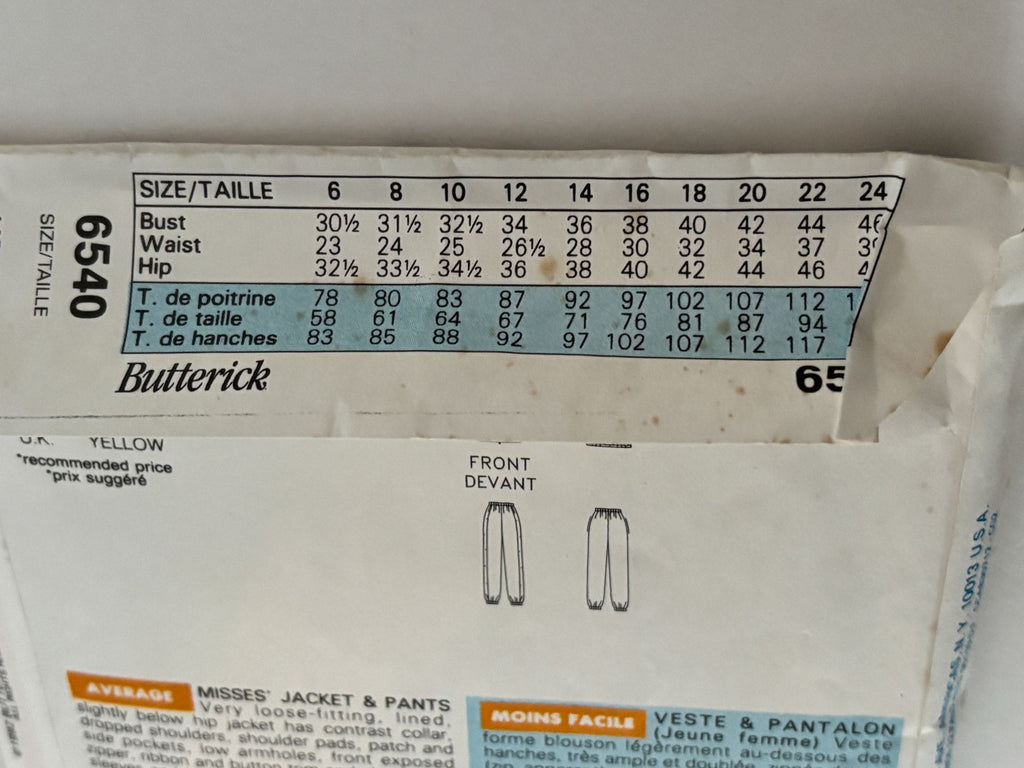 Butterick Sewing Pattern 6540 Athletic Jacket Pants 90s Retro Track Suit 6-14 UC