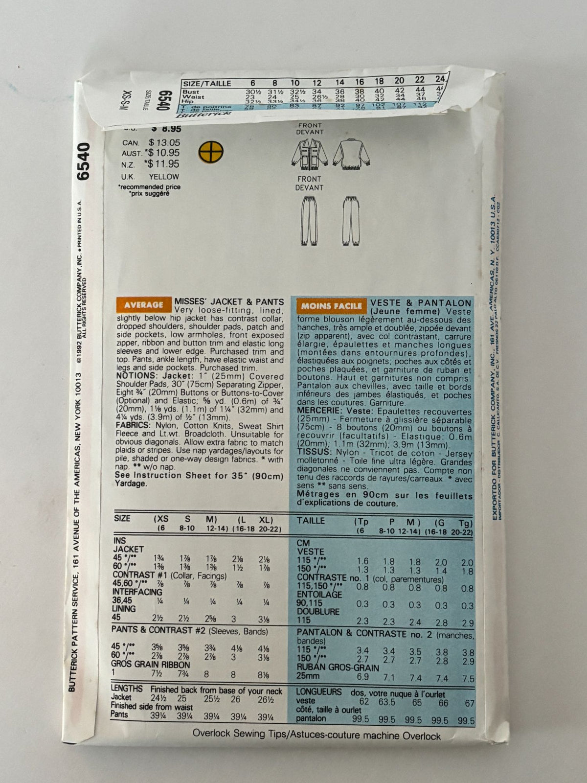 Butterick Sewing Pattern 6540 Athletic Jacket Pants 90s Retro Track Suit 6-14 UC