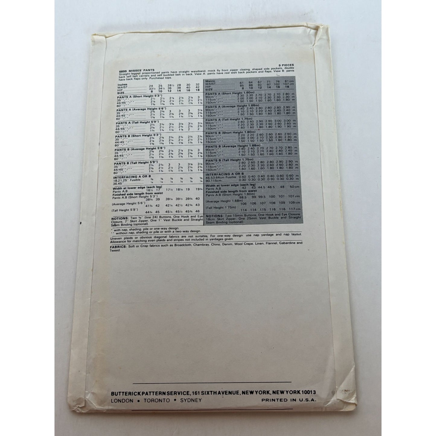 Butterick Sewing Pattern 6899 Straight-Leg Pants Size 10 Career Work Uncut 1980s