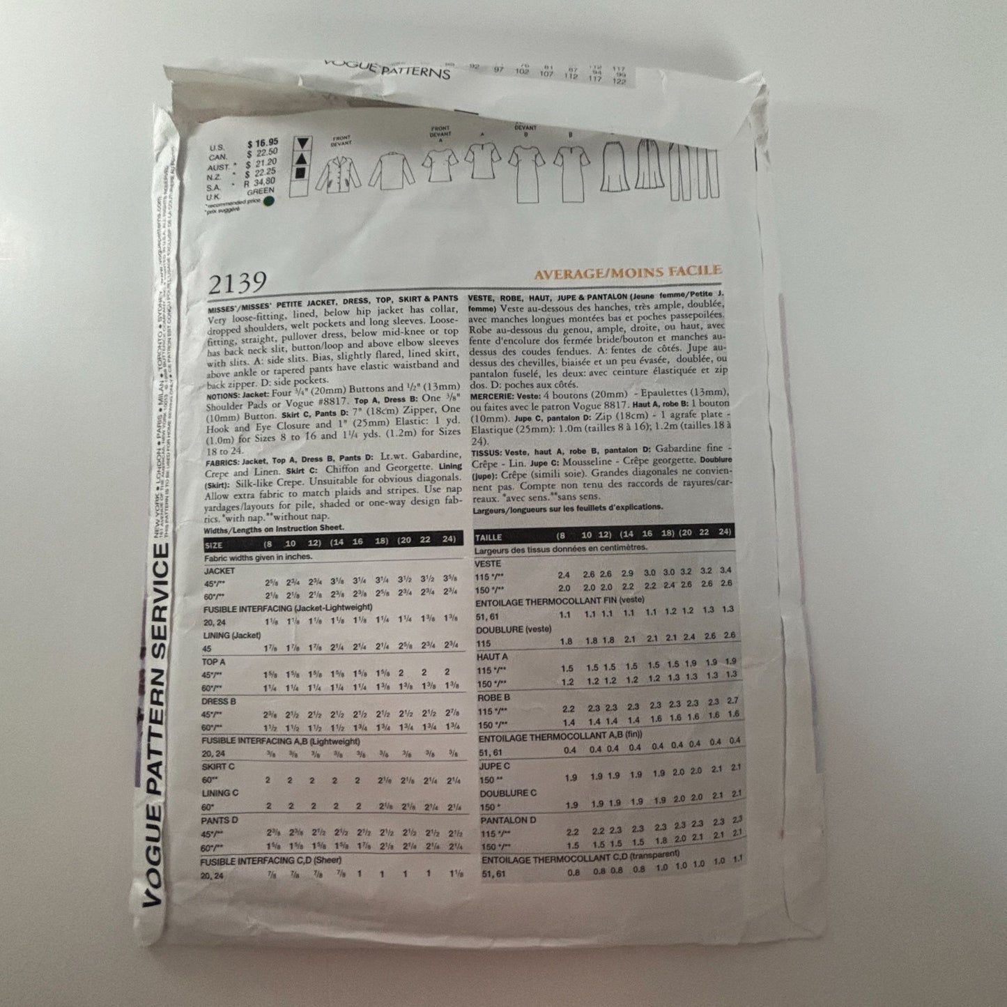 Vogue Sewing Pattern 2139 Capsule Wardrobe Dress Shirt Pants Skirt Blazer 8-12