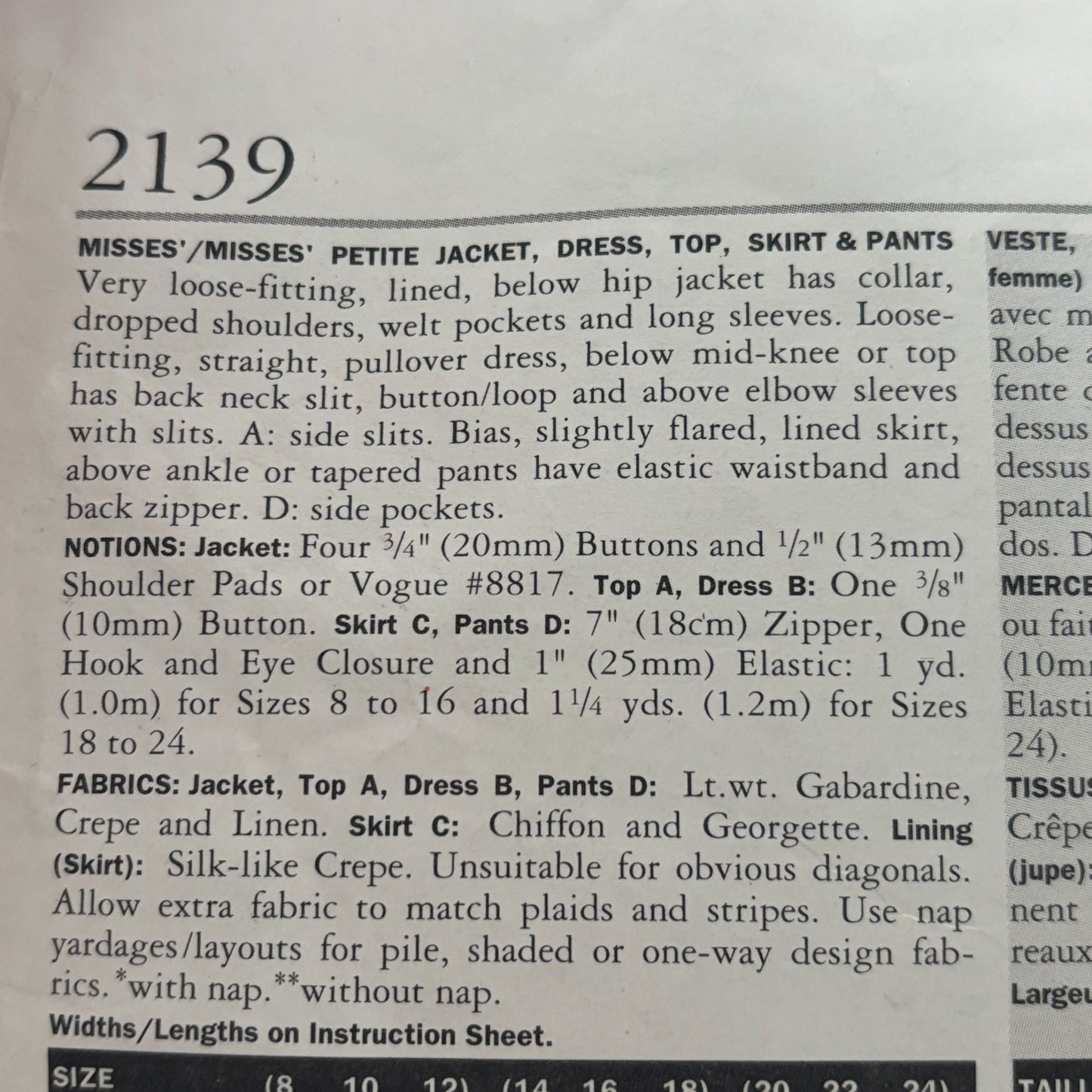 Vogue Sewing Pattern 2139 Capsule Wardrobe Dress Shirt Pants Skirt Blazer 8-12
