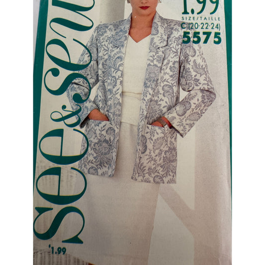 80s Power Suit Sewing Pattern Butterick 5575 Vintage Jacket Skirt Set 20-24 Uncut