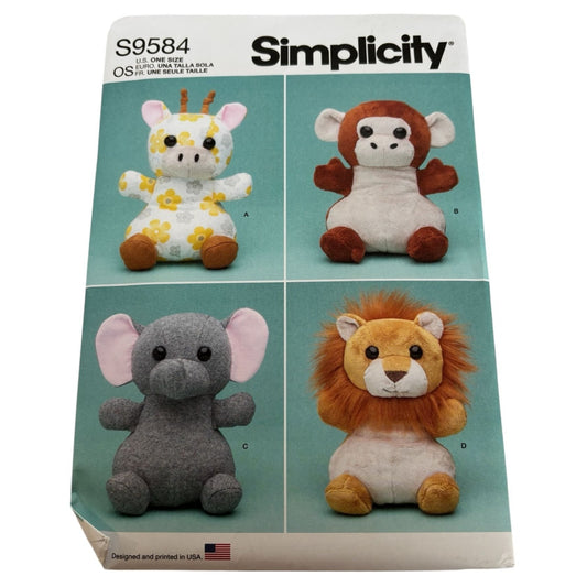 Simplicity Sewing Pattern S9584 Plush Stuffed Animals Giraffe Monkey Elephant UC