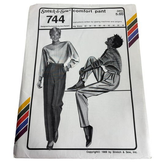 Stretch and Sew Sewing Pattern 744 Comfort Pants Elastic Back Hip Sizes 32-48 UC