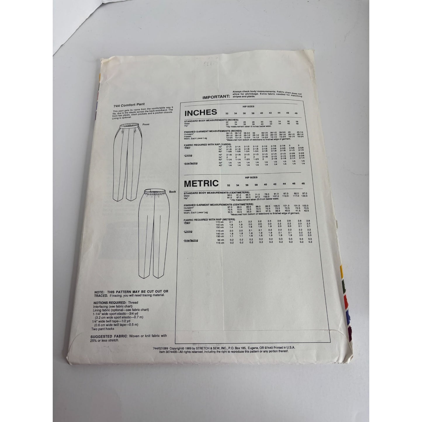 Stretch and Sew Sewing Pattern 744 Comfort Pants Elastic Back Hip Sizes 32-48 UC