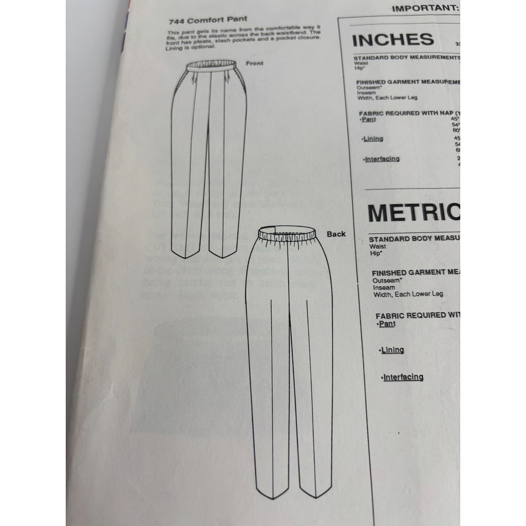 Stretch and Sew Sewing Pattern 744 Comfort Pants Elastic Back Hip Sizes 32-48 UC