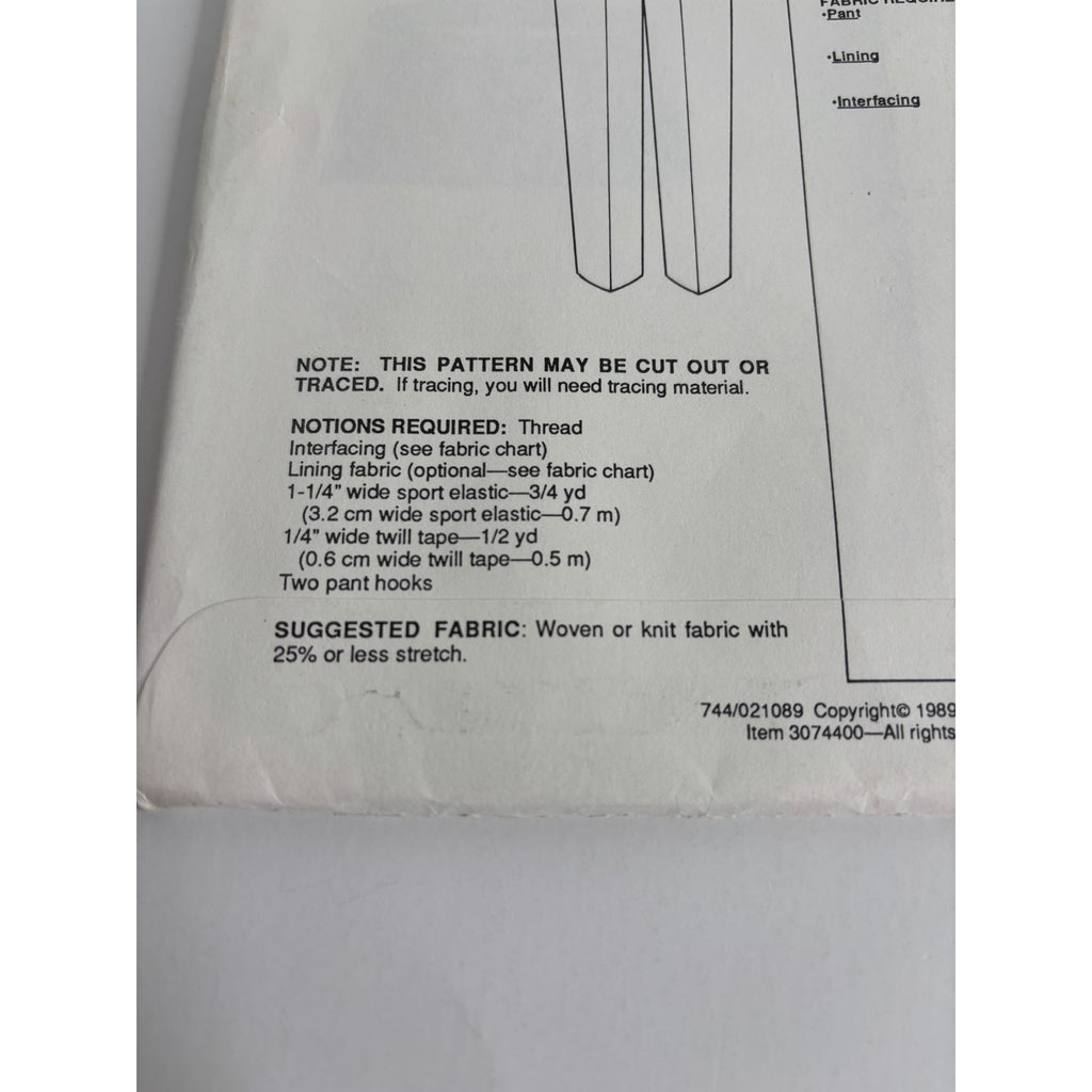 Stretch and Sew Sewing Pattern 744 Comfort Pants Elastic Back Hip Sizes 32-48 UC
