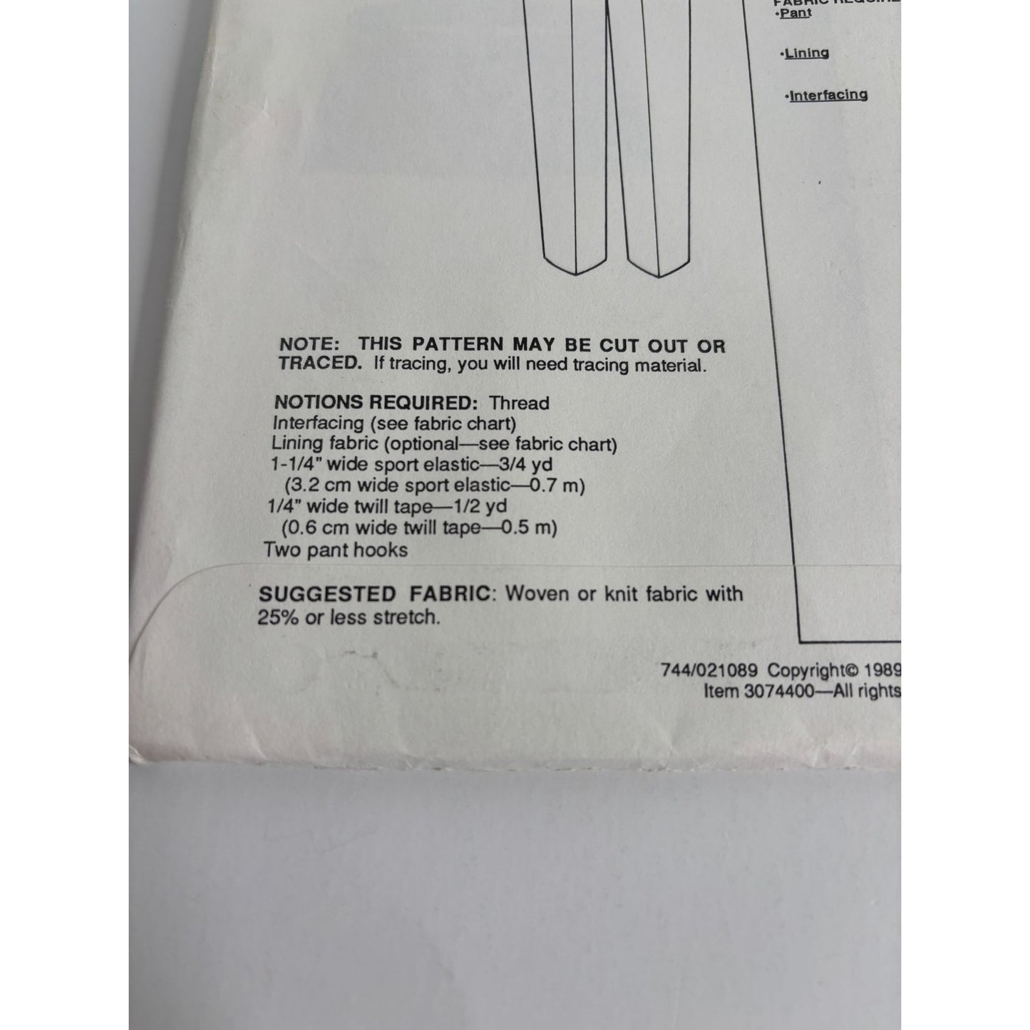 Stretch and Sew Sewing Pattern 744 Comfort Pants Elastic Back Hip Sizes 32-48 UC