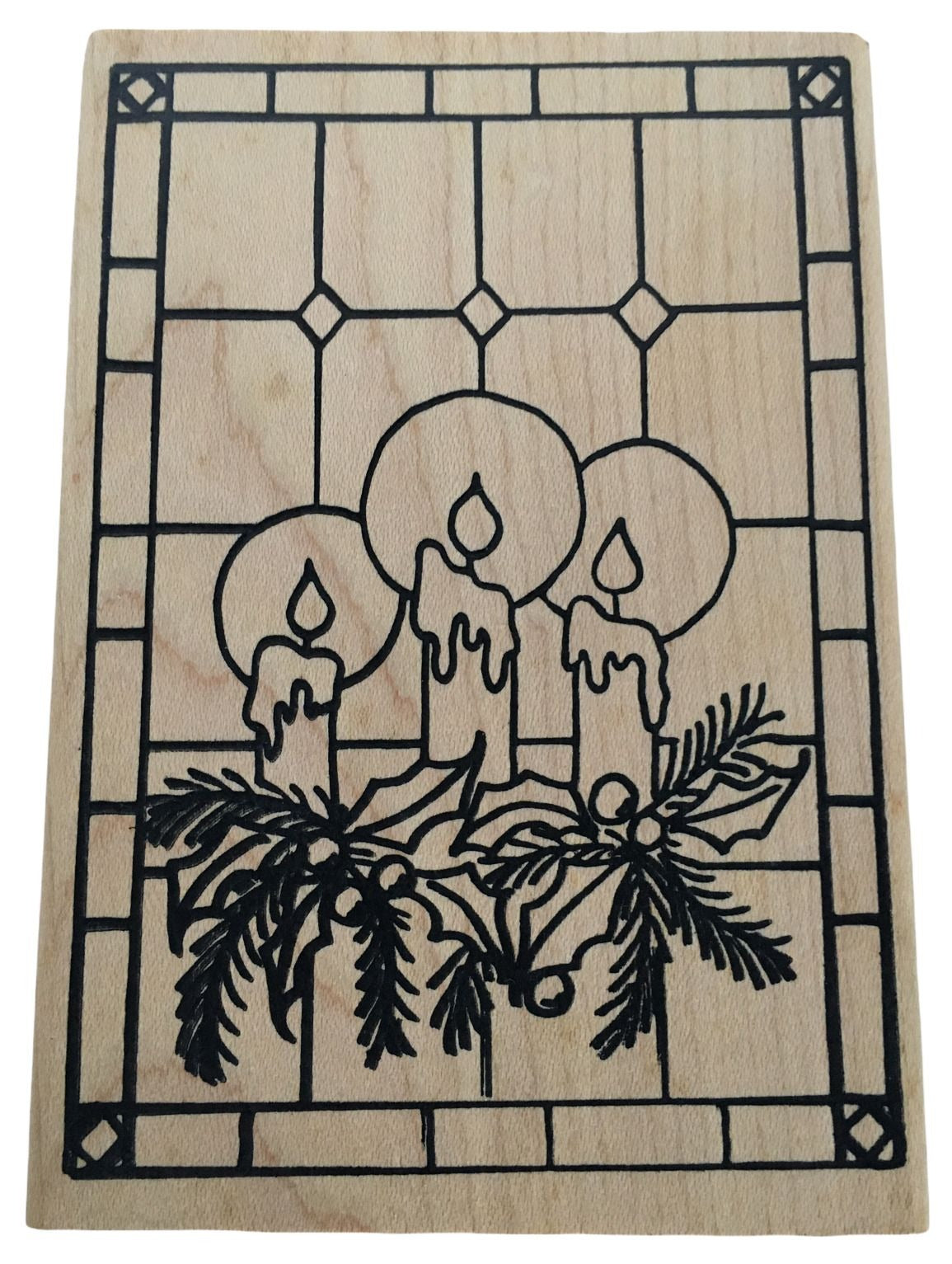 Raindrops on Roses Rubber Stamp Christmas Candles Holly Window Stained Glass