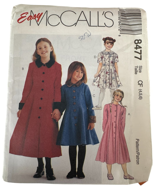 McCalls Sewing Pattern 8477 Girls Dress Sizes 4 5 6 Long Short Sleeves Easy UC