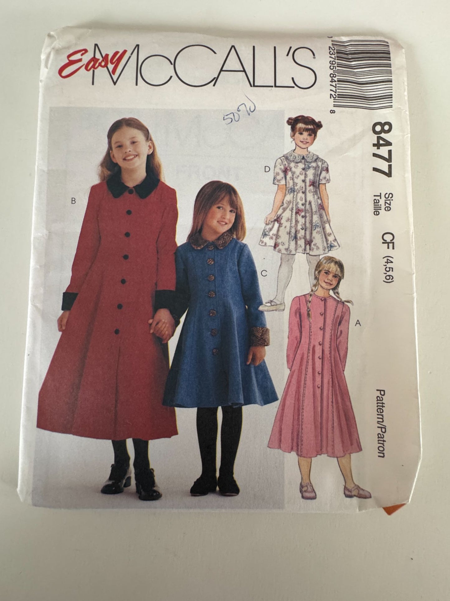McCalls Sewing Pattern 8477 Girls Dress Sizes 4 5 6 Long Short Sleeves Easy UC