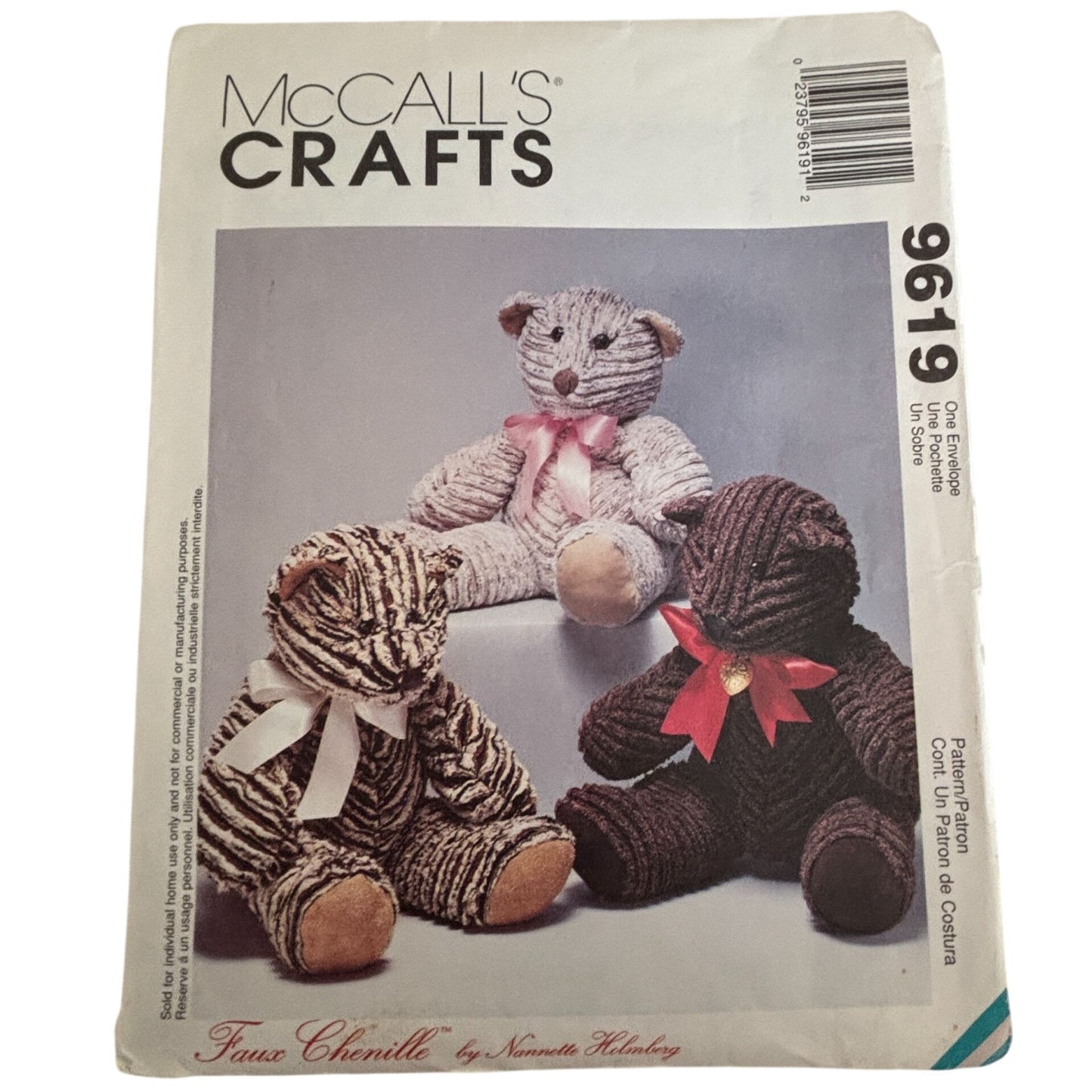 McCalls Sewing Pattern 9619 Teddy Bear Vintage Plush Stuffed Animal Faux Chenille 15 Inch