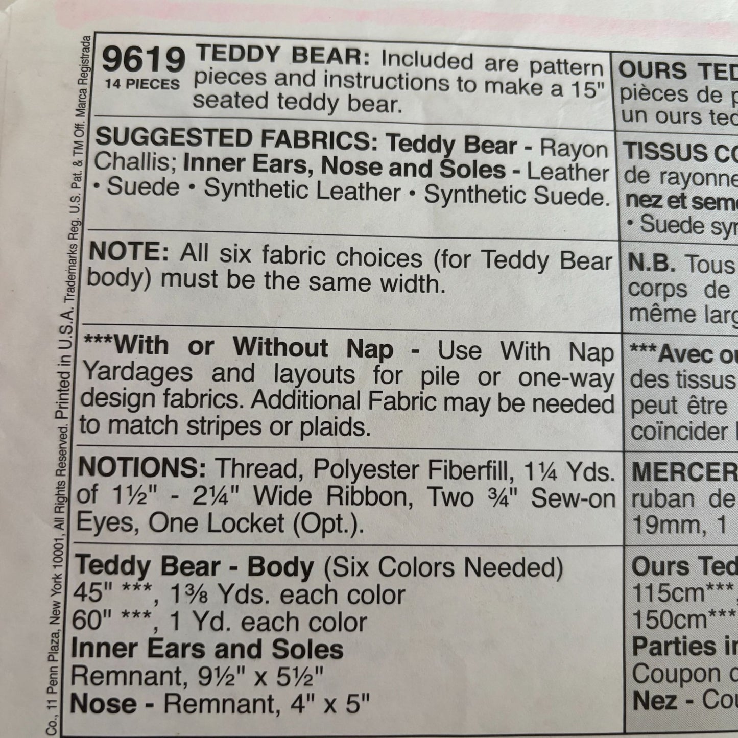 McCalls Sewing Pattern 9619 Teddy Bear Vintage Plush Stuffed Animal Faux Chenille 15 Inch