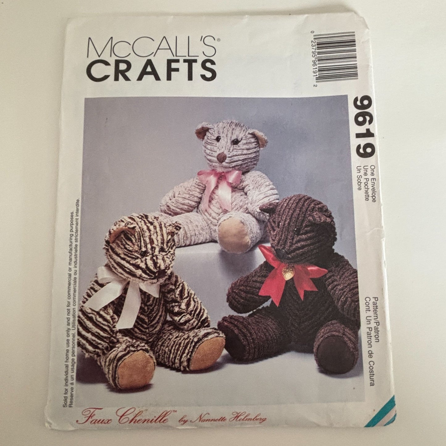 McCalls Sewing Pattern 9619 Teddy Bear Vintage Plush Stuffed Animal Faux Chenille 15 Inch