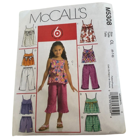 McCalls Sewing Pattern M5308 Girls Tops Dresses Shorts Capris Summer 6 7 8 Uncut