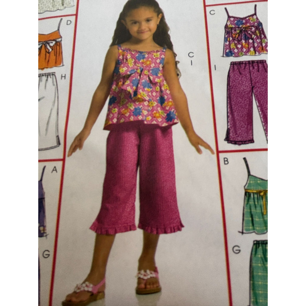 McCalls Sewing Pattern M5308 Girls Tops Dresses Shorts Capris Summer 6 7 8 Uncut
