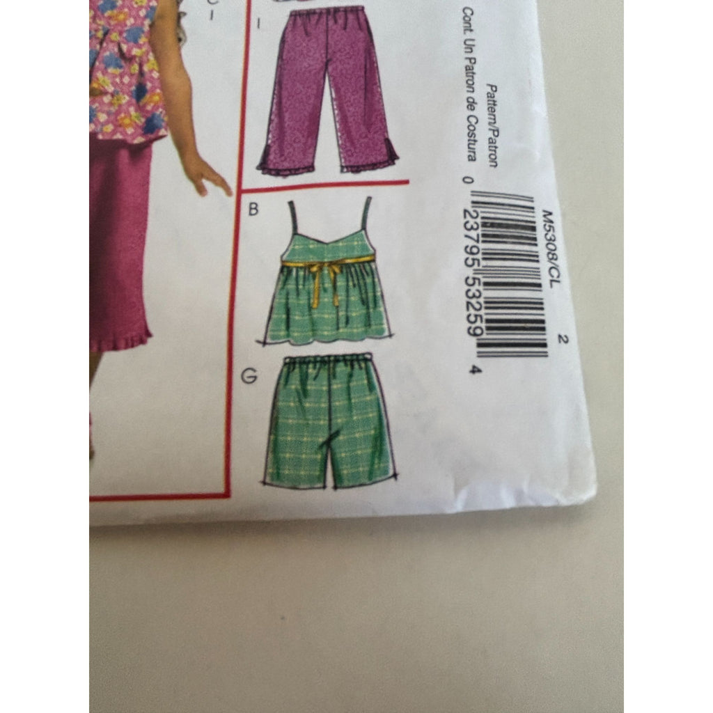 McCalls Sewing Pattern M5308 Girls Tops Dresses Shorts Capris Summer 6 7 8 Uncut