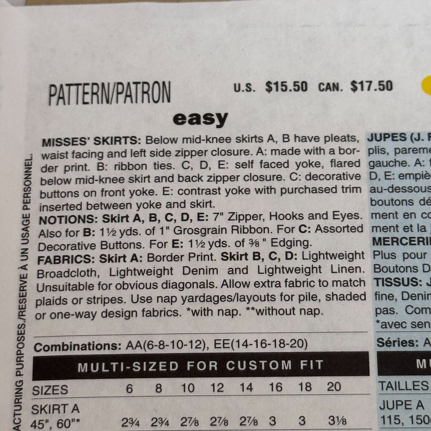 Butterick Sewing Pattern B4686 Pleated Skirt Six Sew Easy Y2K Pleats 6-12 Uncut Skirts