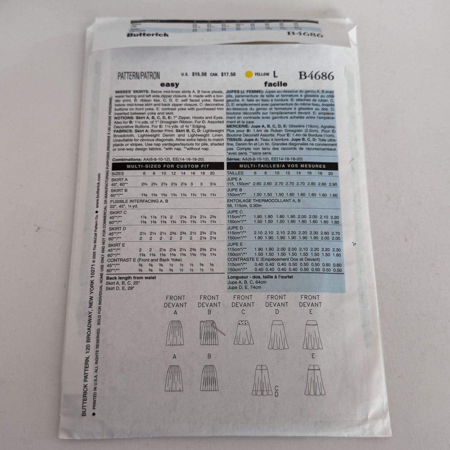 Butterick Sewing Pattern B4686 Pleated Skirt Six Sew Easy Y2K Pleats 6-12 Uncut Skirts
