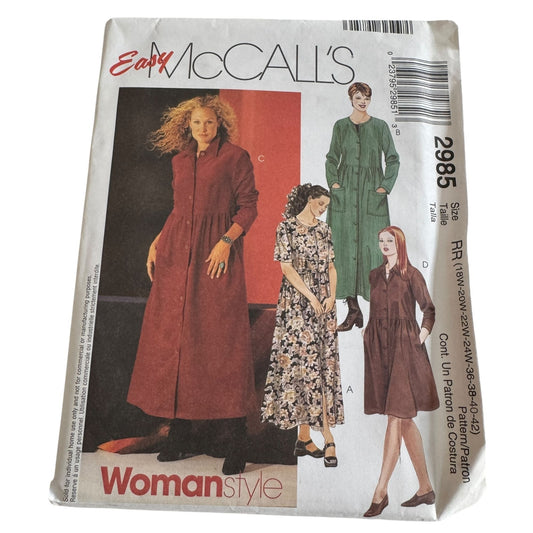 McCalls Sewing Pattern 2985 Womens Dress Easy Front Button Plus Size 18W-24W UC