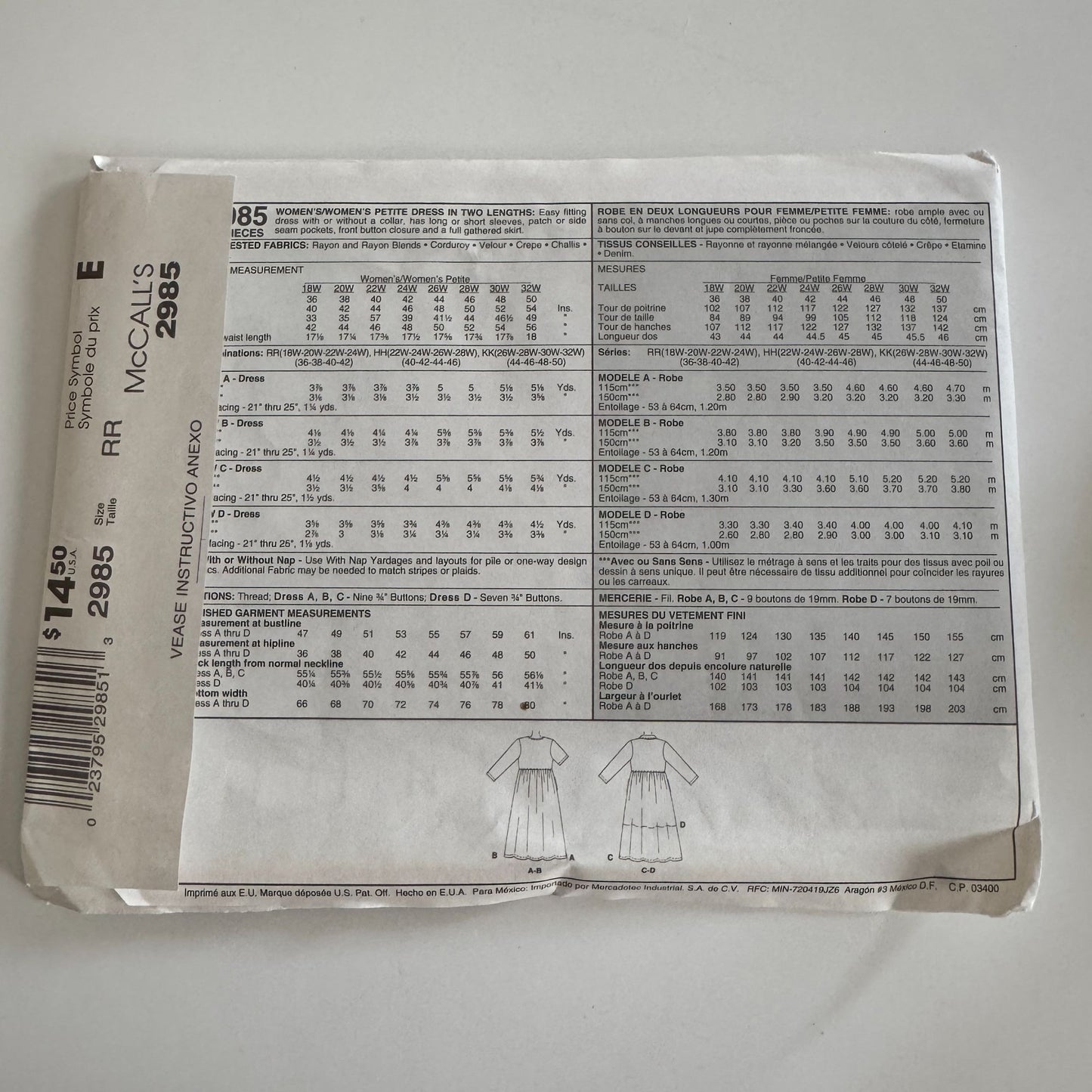 McCalls Sewing Pattern 2985 Womens Dress Easy Front Button Plus Size 18W-24W UC