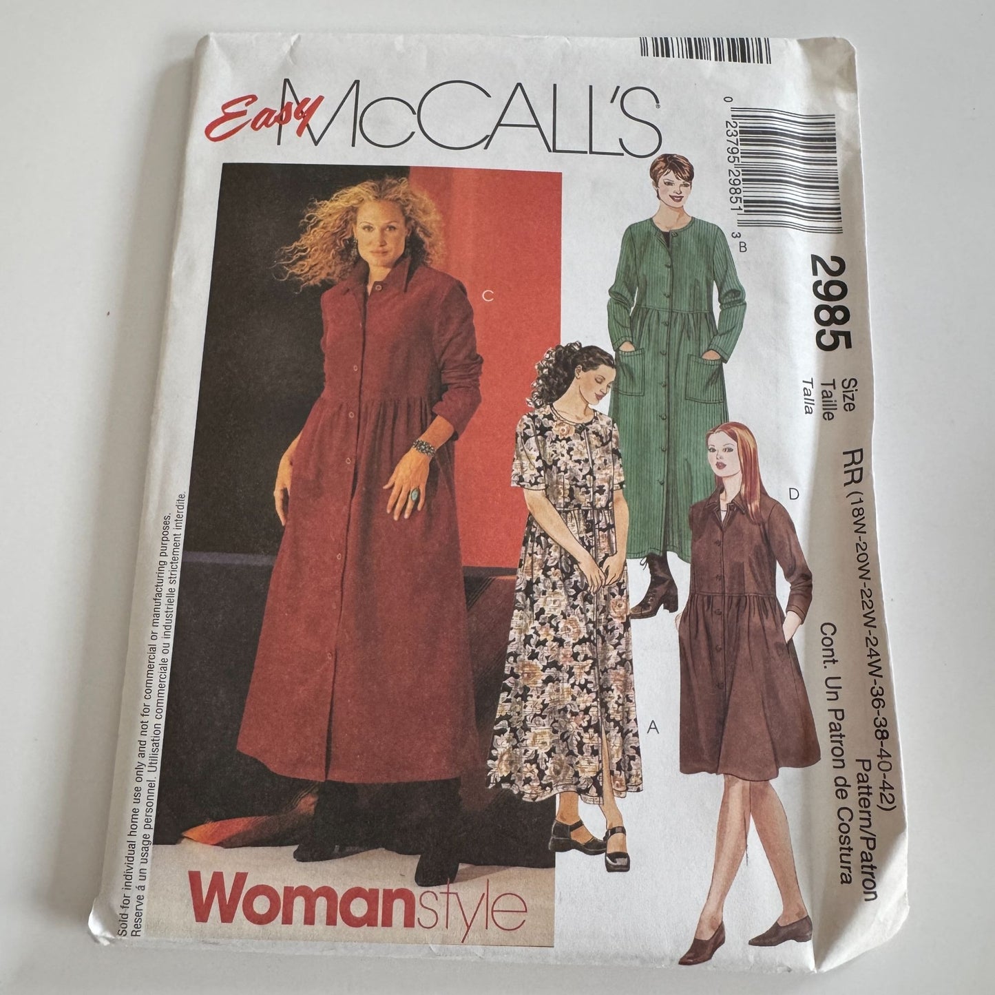 McCalls Sewing Pattern 2985 Womens Dress Easy Front Button Plus Size 18W-24W UC