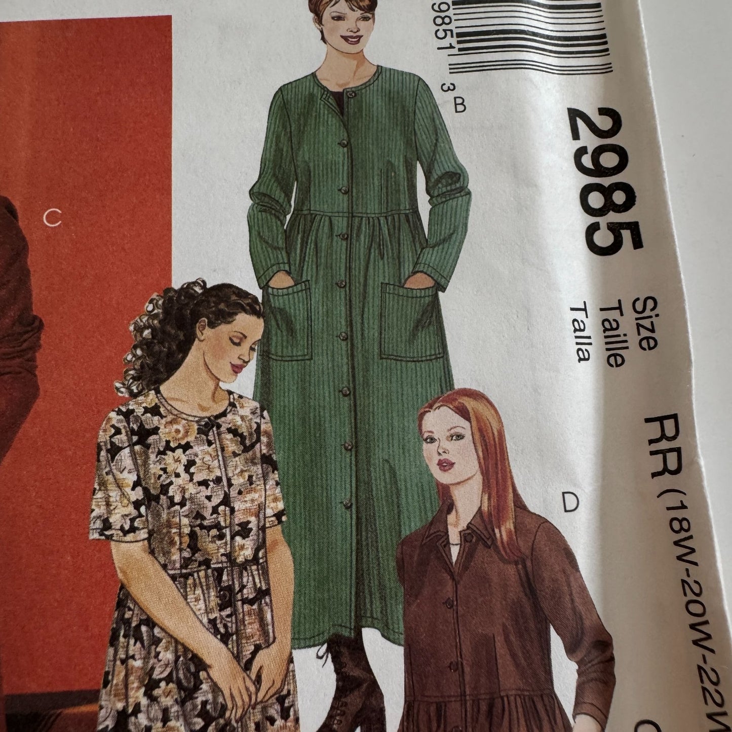 McCalls Sewing Pattern 2985 Womens Dress Easy Front Button Plus Size 18W-24W UC