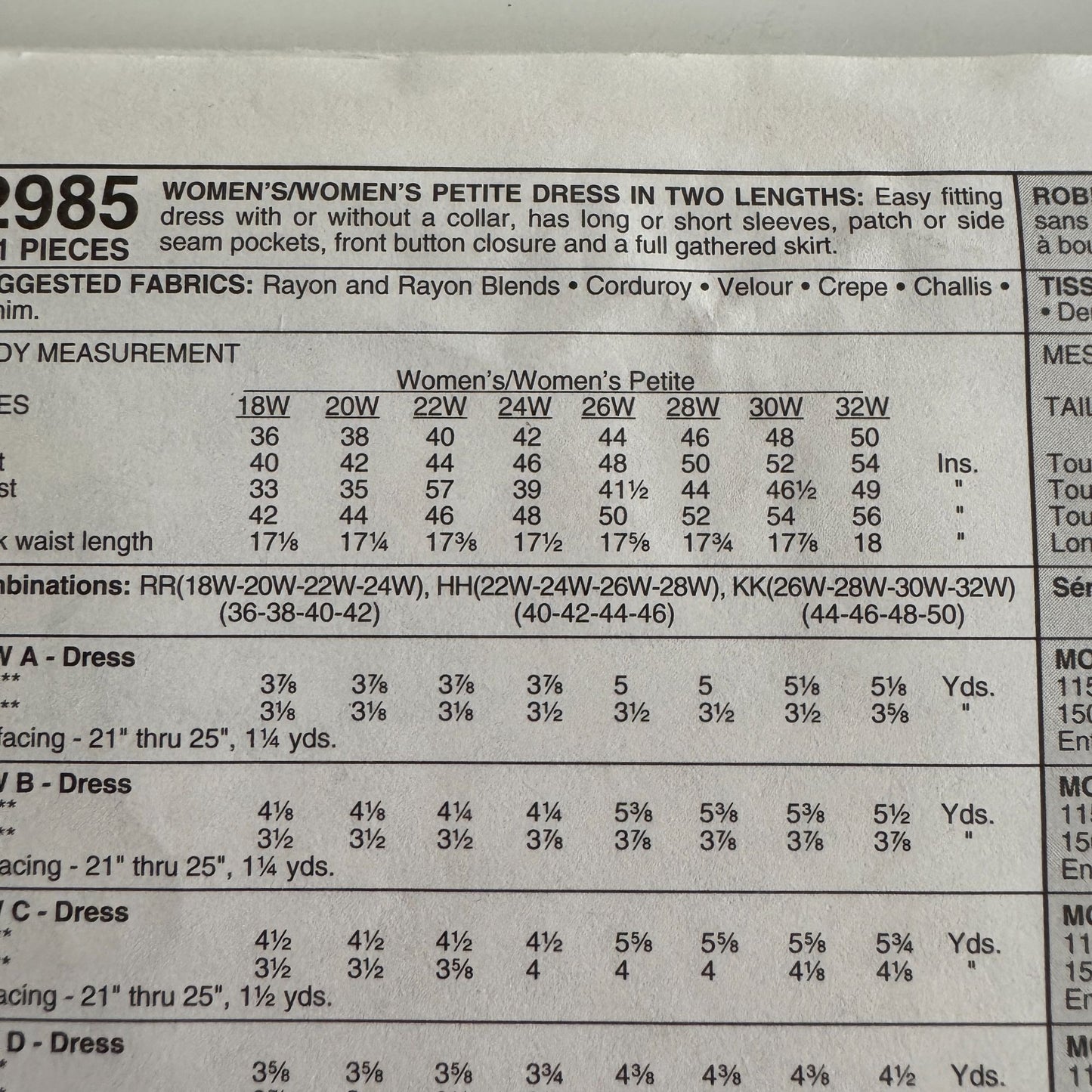 McCalls Sewing Pattern 2985 Womens Dress Easy Front Button Plus Size 18W-24W UC