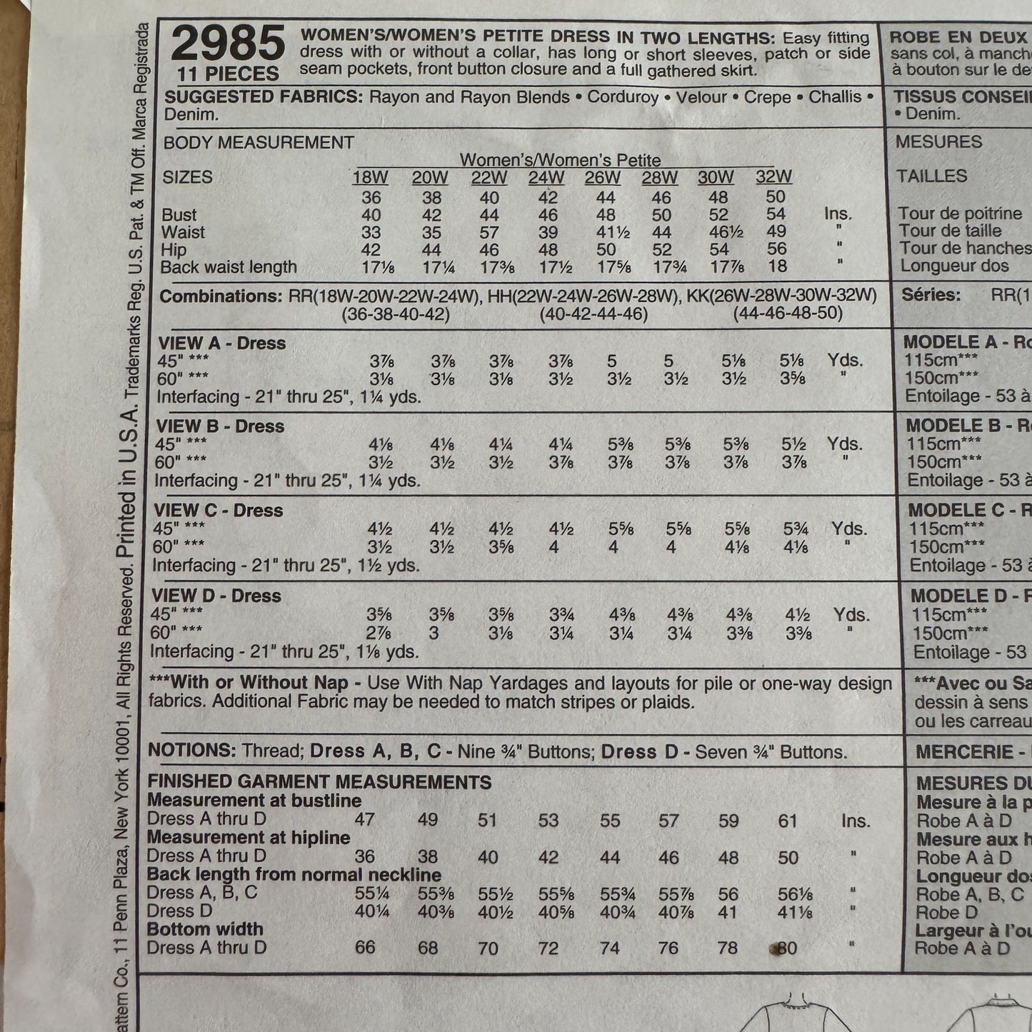 McCalls Sewing Pattern 2985 Womens Dress Easy Front Button Plus Size 18W-24W UC