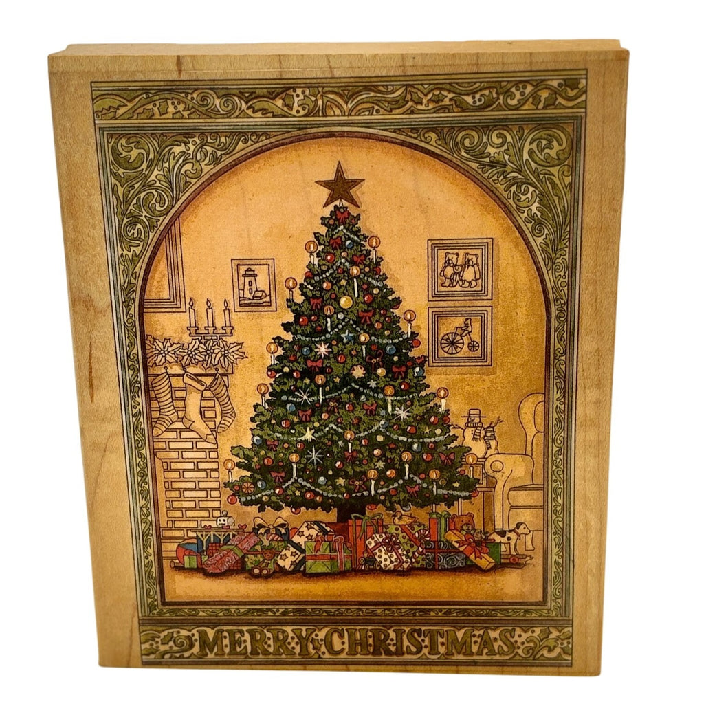 Stamps Happen Rubber Stamp Merry Christmas Tree Gifts Presents Card Making Wood Mounted Fireplace