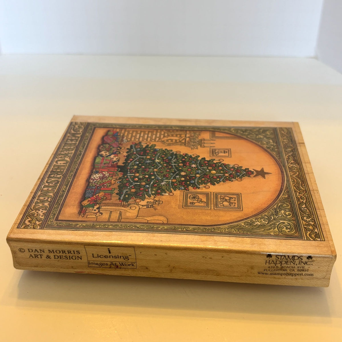 Stamps Happen Rubber Stamp Merry Christmas Tree Gifts Presents Card Making Wood Mounted Fireplace