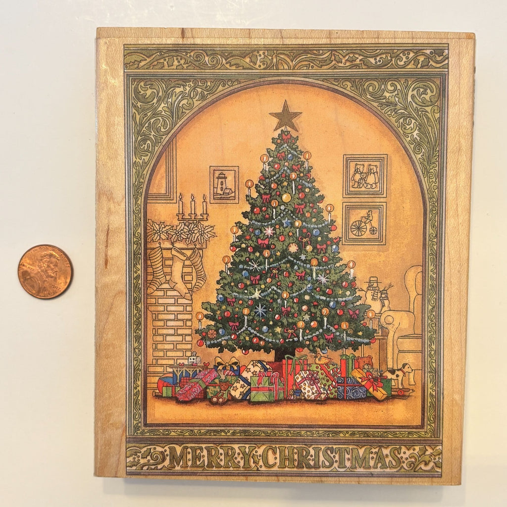 Stamps Happen Rubber Stamp Merry Christmas Tree Gifts Presents Card Making Wood Mounted Fireplace
