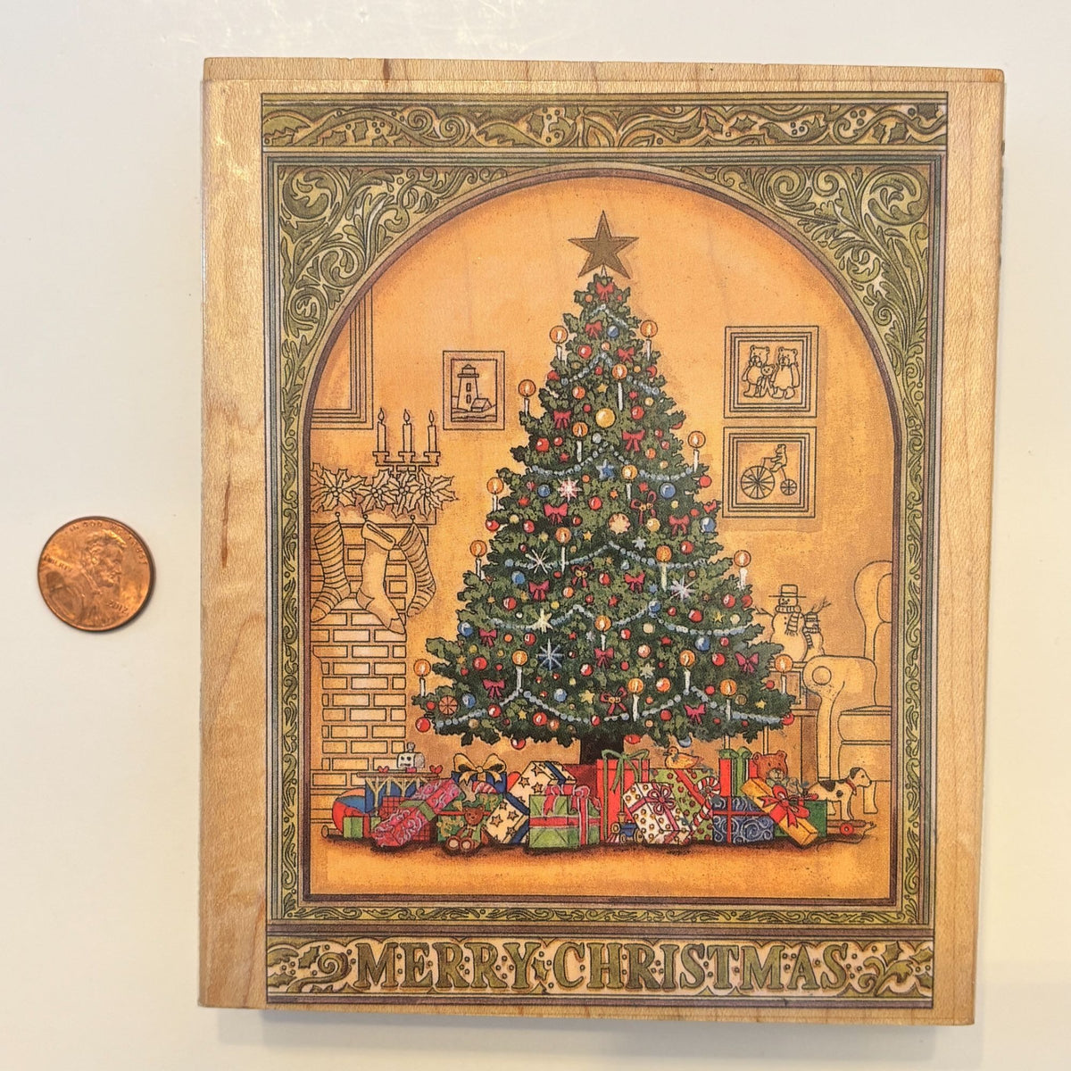 Stamps Happen Rubber Stamp Merry Christmas Tree Gifts Presents Card Making Wood Mounted Fireplace