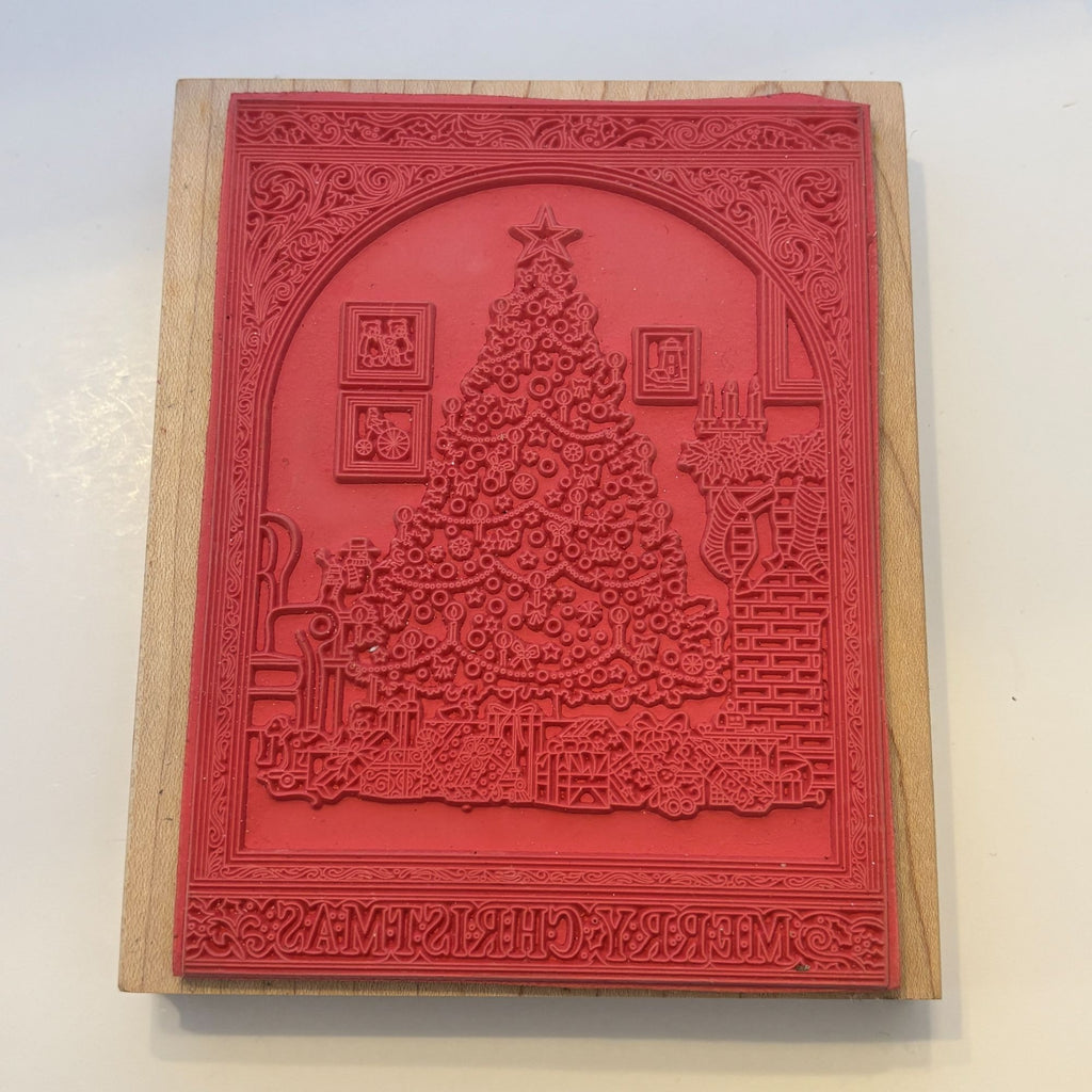 Stamps Happen Rubber Stamp Merry Christmas Tree Gifts Presents Card Making Wood Mounted Fireplace