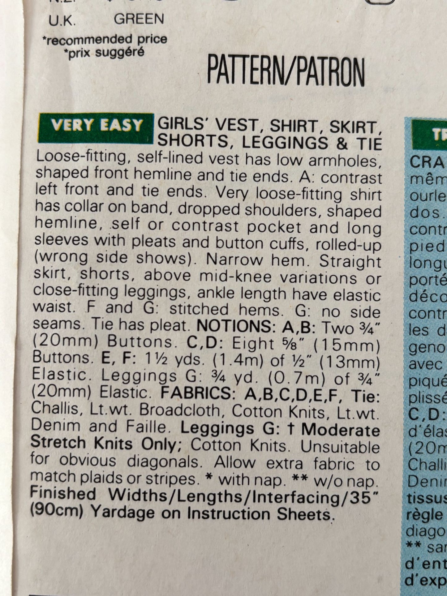 Butterick Sewing Pattern 6362: Girls' Vest, Shirt, Skirt, Shorts, Leggings and Tie