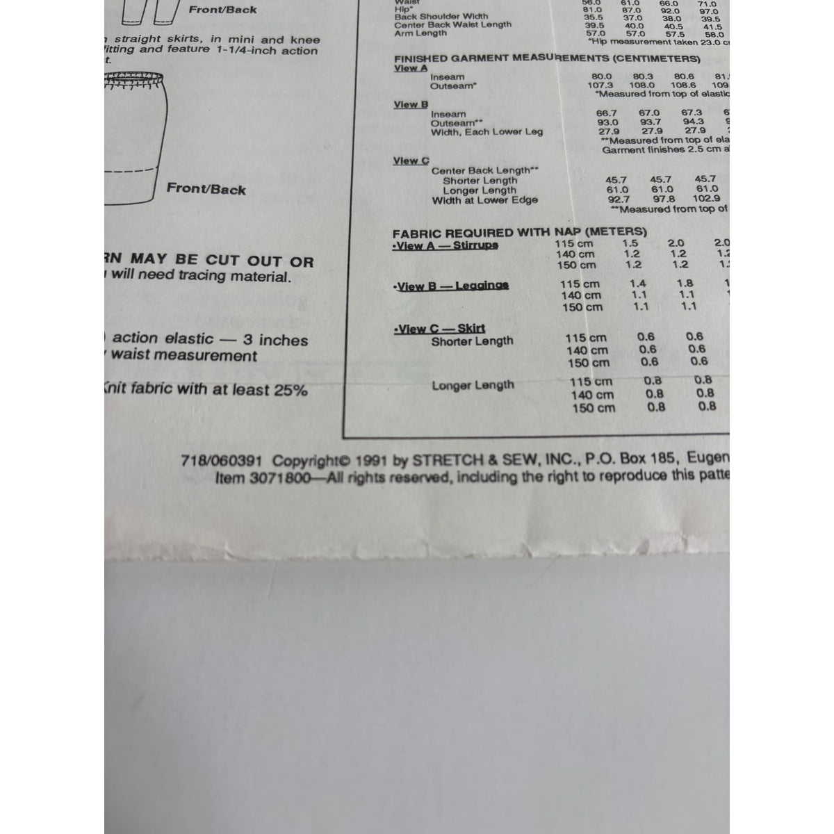Stretch and Sew Sewing Pattern 718 Stretch Slim Fit Stirrup Pants Straight Skirt