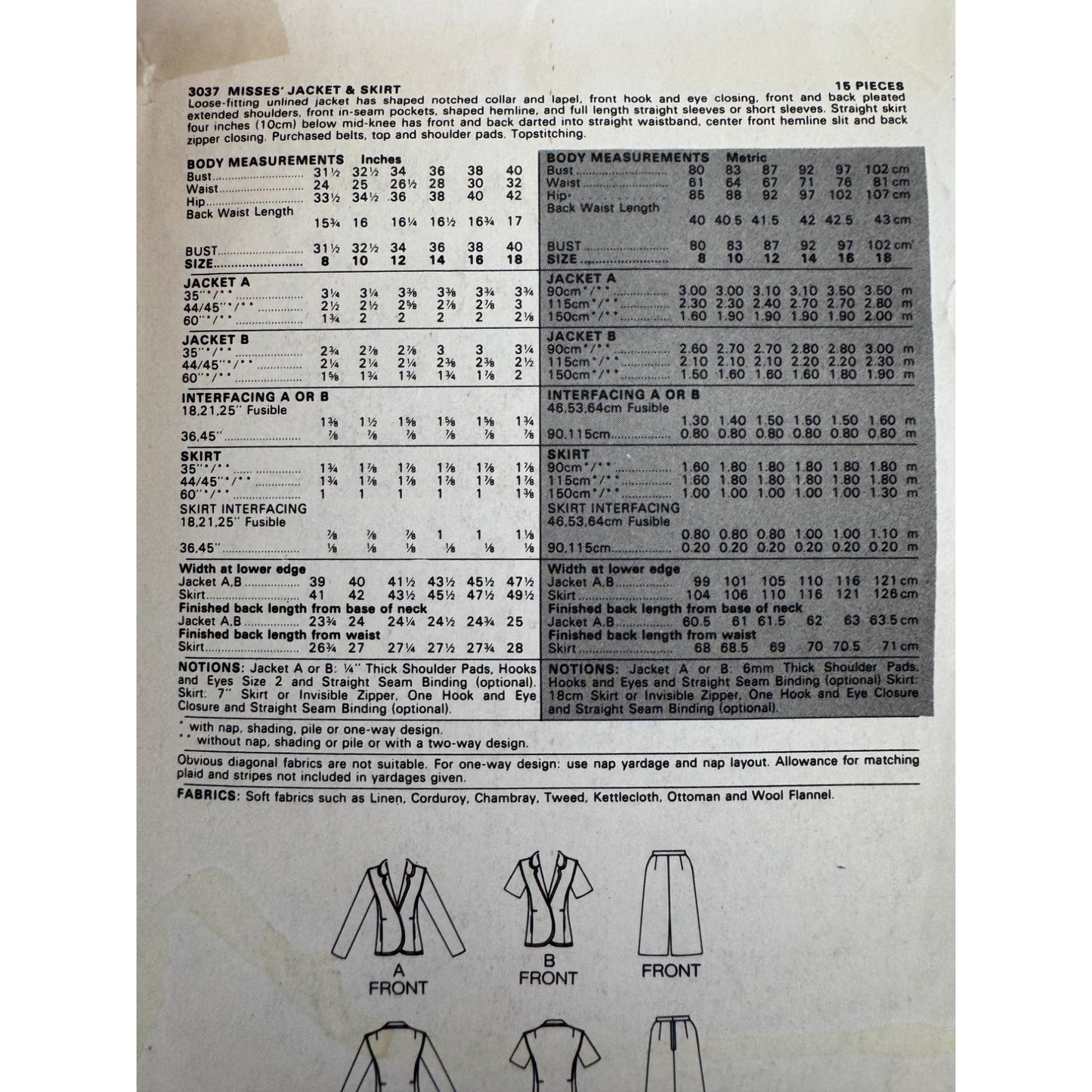 Butterick Sewing Pattern 3037 Jacket Blazer Skirt Outfit Work Size 12 1980s UC