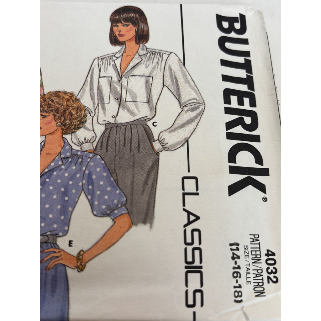 Butterick Sewing Pattern 4032 Misses Loose Fitting Blouses Sizes 14-18 1980s UC