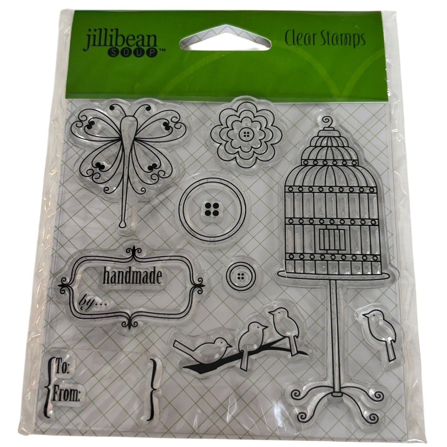 Jillibean Soup Clear Stamps Handmade By Gift Tag Words Butterfly Birdcage Button Bird Words