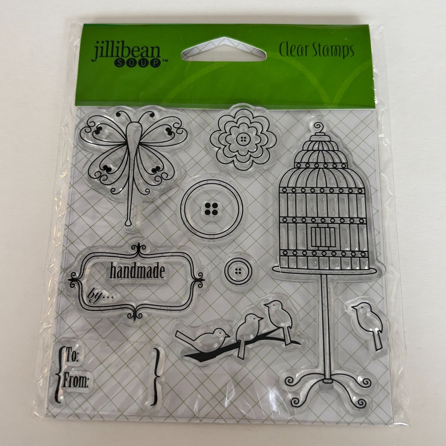 Jillibean Soup Clear Stamps Handmade By Gift Tag Words Butterfly Birdcage Button Bird Words