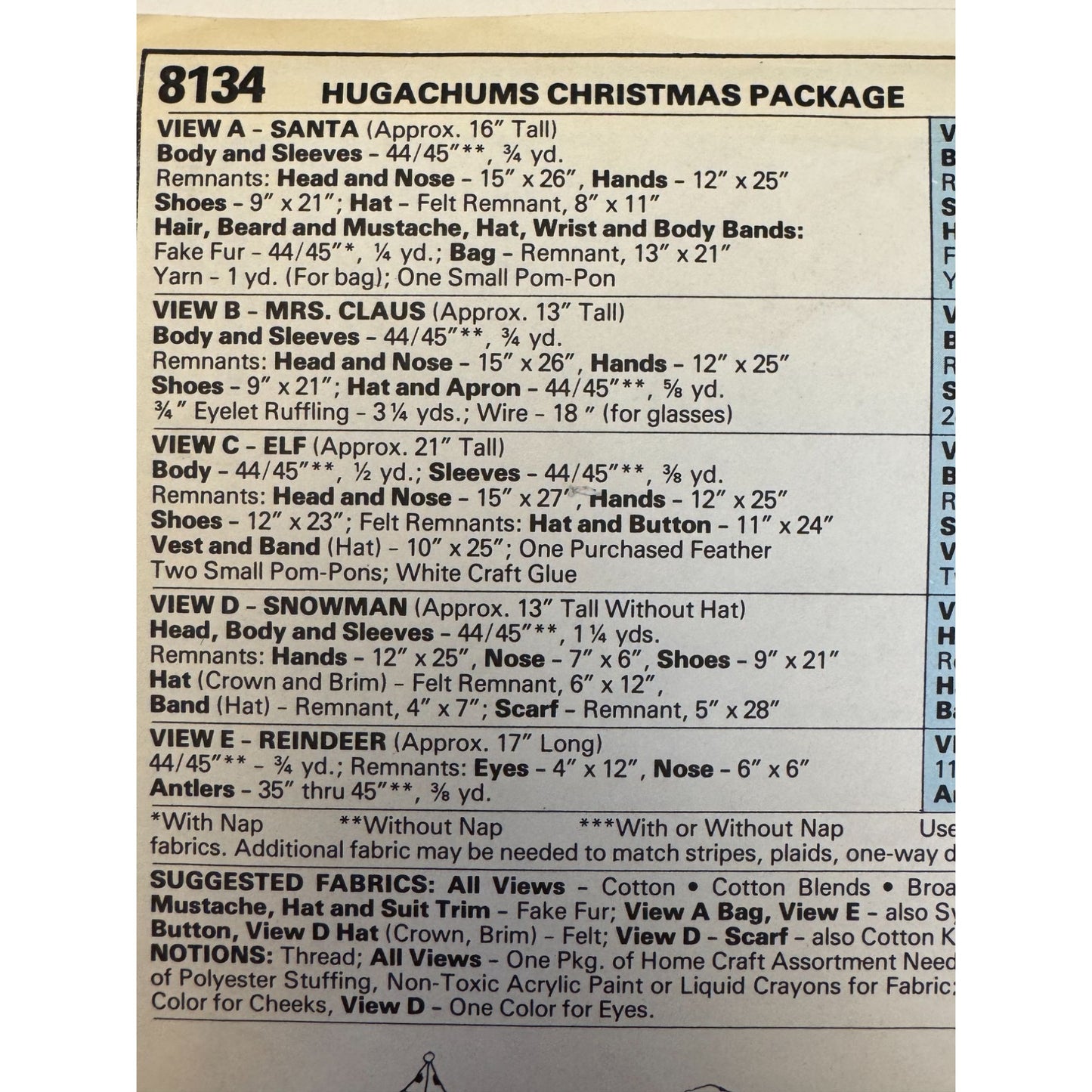 McCalls Sewing Pattern 8134 Santa Mrs Claus Elf Snowman Reindeer 80s Hugachum Uncut