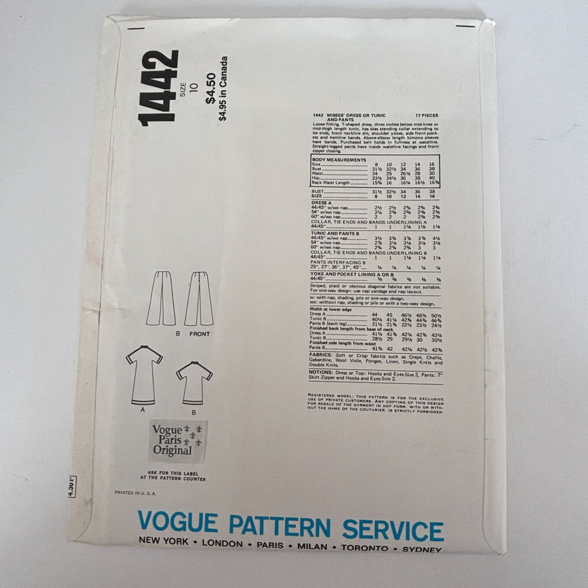 Vogue Sewing Pattern 1442 Paris Original Givenchy 1970s Dress Tunic Pants 10 UC